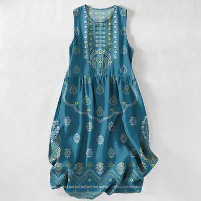 Buddha Stones Summer Casual Boho Paisley Medallion Pattern Women's Summer Sleeveless Midi Dress With Pockets - Teal - US16，UK/AU20，EU48 (3XL) - image 0