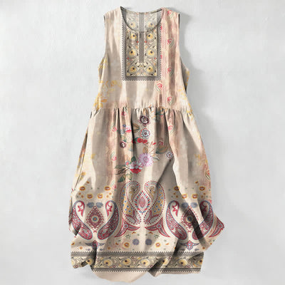 Buddha Stones Summer Casual Vintage Floral Medallions Leaves Pattern Women's Summer Sleeveless Midi Dress With Pockets - OldLace - US16，UK/AU20，EU48 (3XL) - image 0
