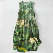 Foviel Summer Casual Lotus Swirl Pattern Women's Summer Sleeveless Midi Dress With Pockets