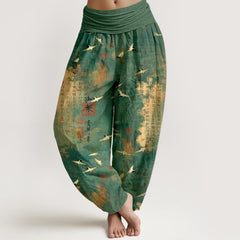 Buddha Stones Cotton Golden Crane Calligraphy Pattern Women's Elastic Waist Harem Pants - SeaGreen - US16，UK/AU20，EU48 (3XL) - image 0
