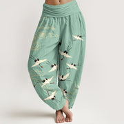 Foviel Baumwolle Fliegendes Kranmuster Damen elastische Taille Harem Hose