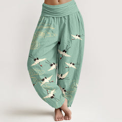 Buddha Stones Cotton Flying Crane Pattern Women's Elastic Waist Harem Pants - MediumAquamarine - US16，UK/AU20，EU48 (3XL) - image 0