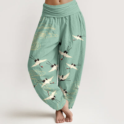 Buddha Stones Cotton Flying Crane Pattern Women's Elastic Waist Harem Pants - MediumAquamarine - US16，UK/AU20，EU48 (3XL) - image 0