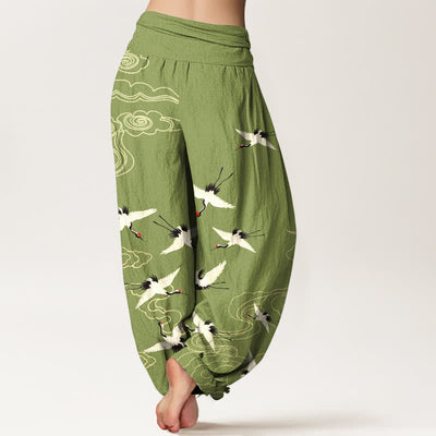 Buddha Stones Cotton Flying Crane Pattern Women's Elastic Waist Harem Pants - image 7