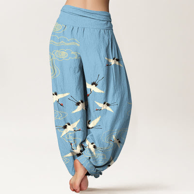Buddha Stones Cotton Flying Crane Pattern Women's Elastic Waist Harem Pants - image 10