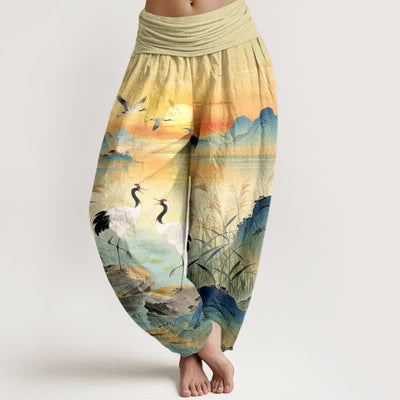 Buddha Stones Cotton Sunrise Mountain Crane Pattern Women's Elastic Waist Harem Pants - LemonChiffon - US16，UK/AU20，EU48 (3XL) - image 0