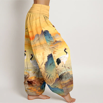 Buddha Stones Cotton Sunrise Mountain Crane Pattern Women's Elastic Waist Harem Pants - image 9
