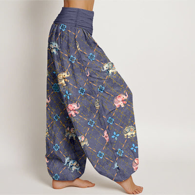 Buddha Stones Cotton Elephant Floral Pattern Women's Elastic Waist Harem Pants - image 1