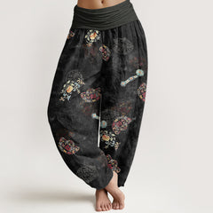 Buddha Stones Cotton Bohemian Floral Fan Pattern Women's Elastic Waist Harem Pants - Black - US16，UK/AU20，EU48 (3XL) - image 0