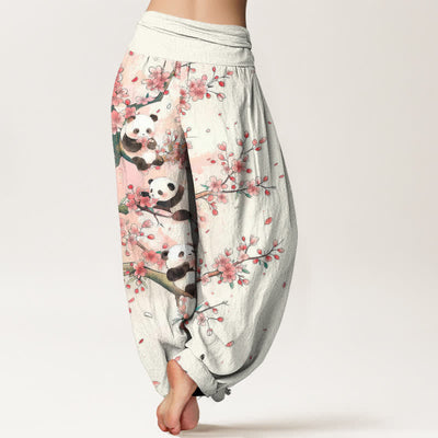 Buddha Stones Cotton Panda Sakura Blossom Pattern Women's Elastic Waist Harem Pants - image 2