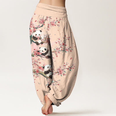 Buddha Stones Cotton Panda Sakura Blossom Pattern Women's Elastic Waist Harem Pants - image 10