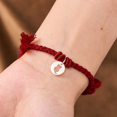 Buddha Stones 925 Sterling Silver Red String Protection Cat Round Hollow Design Charm Bracelet - image 15