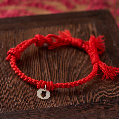 Buddha Stones 925 Sterling Silver Red String Protection Cat Round Hollow Design Charm Bracelet - image 2