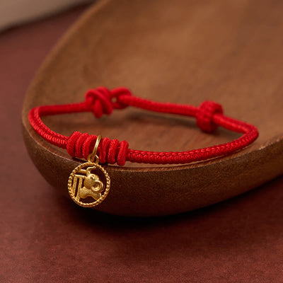 Buddha Stones Elephant Fu Character Gold Plated Copper Red String Wealth Bracelet - image 2