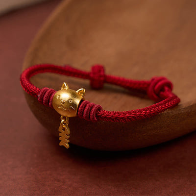 Buddha Stones Copper Cute Cat Fish Red String Healing Bracelet - Dark Red(Wrist Circumference 15-18cm) - image 0