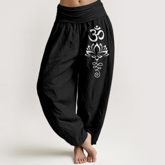 Buddha Stones Pure Cotton Lotus Om Pattern Women's Elastic Waist Harem Pants - Black - US16，UK/AU20，EU48 (3XL) - image 0