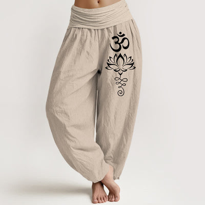 Buddha Stones Pure Cotton Lotus Om Pattern Women's Elastic Waist Harem Pants - Tan - US16，UK/AU20，EU48 (3XL) - image 11