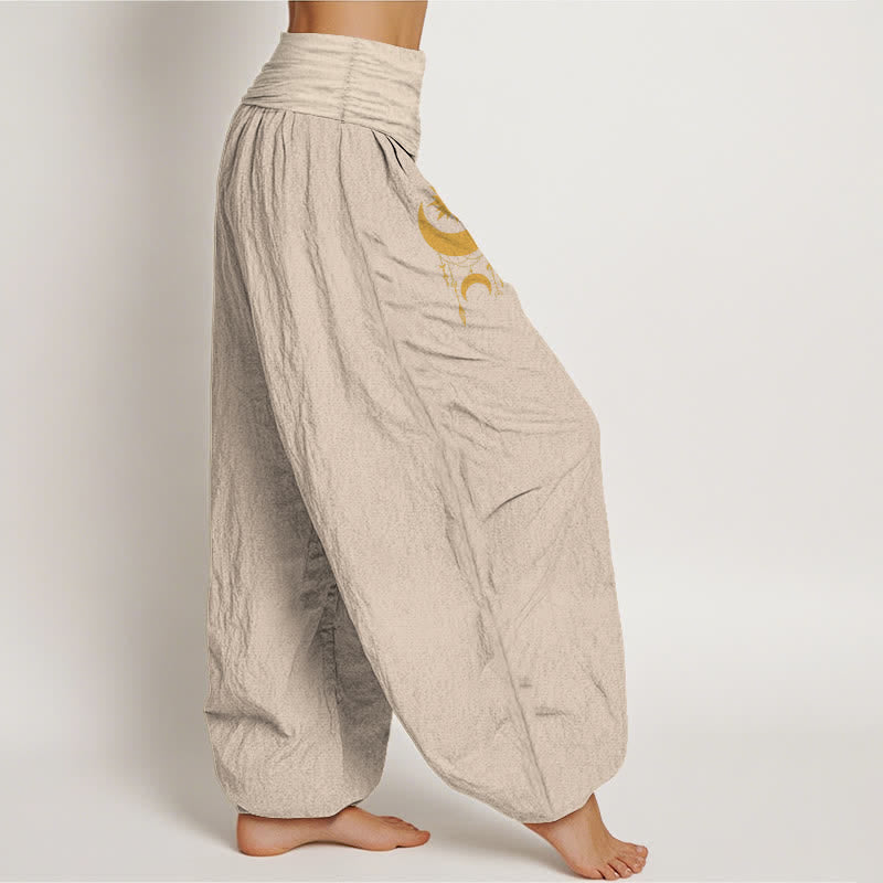 Buddha Stones Pure Cotton Golden Crescent Moon Stars Pattern Women's Elastic Waist Harem Pants - image 15
