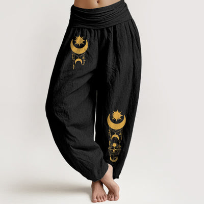 Buddha Stones Pure Cotton Golden Crescent Moon Stars Pattern Women's Elastic Waist Harem Pants - Black - US16，UK/AU20，EU48 (3XL) - image 5