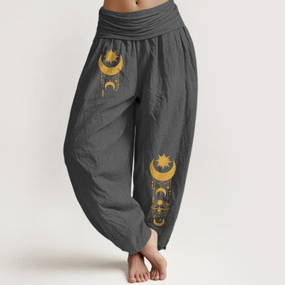 Buddha Stones Pure Cotton Golden Crescent Moon Stars Pattern Women's Elastic Waist Harem Pants - DimGray - US16，UK/AU20，EU48 (3XL) - image 0