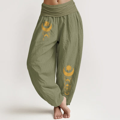 Buddha Stones Pure Cotton Golden Crescent Moon Stars Pattern Women's Elastic Waist Harem Pants - OliveDrab - US16，UK/AU20，EU48 (3XL) - image 11