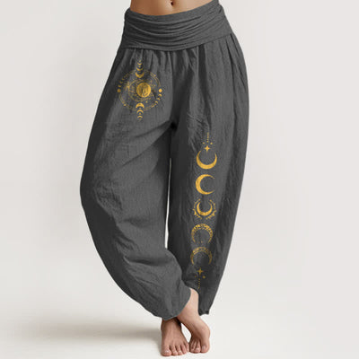 Buddha Stones Pure Cotton Golden Moon Phase Pattern Women's Elastic Waist Harem Pants - DimGray - US16，UK/AU20，EU48 (3XL) - image 5