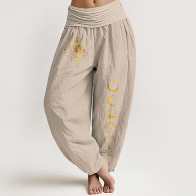 Buddha Stones Pure Cotton Golden Moon Phase Pattern Women's Elastic Waist Harem Pants - Tan - US16，UK/AU20，EU48 (3XL) - image 14