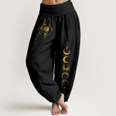 Buddha Stones Pure Cotton Golden Moon Phase Pattern Women's Elastic Waist Harem Pants - Black - US16，UK/AU20，EU48 (3XL) - image 0