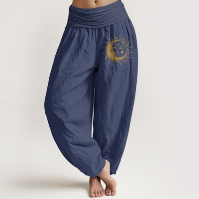 Buddha Stones Pure Cotton Golden Sun Moon Pattern Women's Elastic Waist Harem Pants - DarkSlateBlue - US16，UK/AU20，EU48 (3XL) - image 8