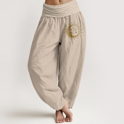 Buddha Stones Pure Cotton Golden Sun Moon Pattern Women's Elastic Waist Harem Pants - Tan - US16，UK/AU20，EU48 (3XL) - image 14