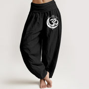 Foviel Pure Cotton Sacred Om Pattern Women's Elastic Waist Harem Pants