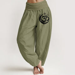 Buddha Stones Pure Cotton Sacred Om Pattern Women's Elastic Waist Harem Pants - OliveDrab - US16，UK/AU20，EU48 (3XL) - image 0