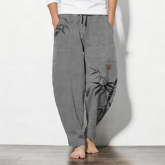 Buddha Stones Pure Cotton Ink Bamboo Pattern Drawstring Men's Tapered Pants With Pockets - Gray - US/UK/AU50，EU60 (5XL) - image 0