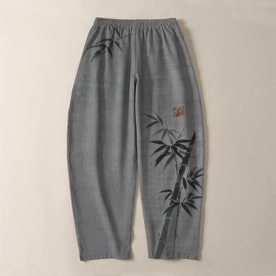 Buddha Stones Pure Cotton Ink Bamboo Pattern Drawstring Men's Tapered Pants With Pockets - image 3