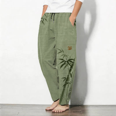 Buddha Stones Pure Cotton Ink Bamboo Pattern Drawstring Men's Tapered Pants With Pockets - image 8
