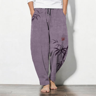 Buddha Stones Pure Cotton Ink Bamboo Pattern Drawstring Men's Tapered Pants With Pockets - Thistle - US/UK/AU50，EU60 (5XL) - image 11