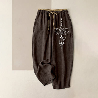 Buddha Stones Pure Cotton Zen Lotus Om Pattern Women's Elastic Waist Pants With Pockets - SaddleBrown - US16，UK/AU20，EU48 (3XL) - image 4