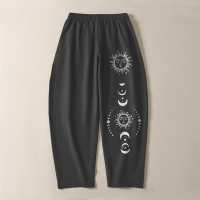 Buddha Stones Pure Cotton Sun Moon Phase Pattern Drawstring Men's Tapered Pants With Pockets - image 3