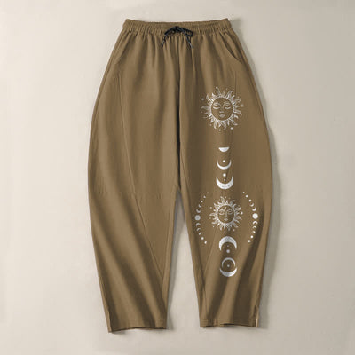 Buddha Stones Pure Cotton Sun Moon Phase Pattern Drawstring Men's Tapered Pants With Pockets - image 9