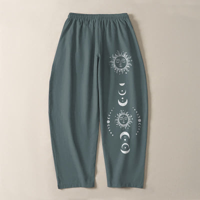 Buddha Stones Pure Cotton Sun Moon Phase Pattern Drawstring Men's Tapered Pants With Pockets - image 14