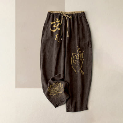 Buddha Stones Pure Cotton Sacred Om Lotus Pattern Women's Elastic Waist Pants With Pockets - SaddleBrown - US16，UK/AU20，EU48 (3XL) - image 4