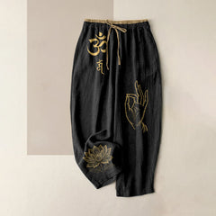 Buddha Stones Pure Cotton Sacred Om Lotus Pattern Women's Elastic Waist Pants With Pockets - Black - US16，UK/AU20，EU48 (3XL) - image 0