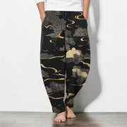 Foviel Pure Cotton Golden Cloud Wave Pattern Drawstring Men's Tapered Pants With Pockets