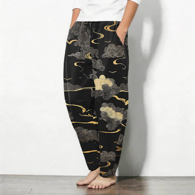 Buddha Stones Pure Cotton Golden Cloud Wave Pattern Drawstring Men's Tapered Pants With Pockets - image 1