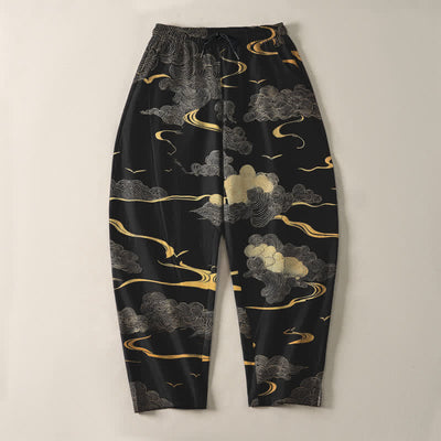 Buddha Stones Pure Cotton Golden Cloud Wave Pattern Drawstring Men's Tapered Pants With Pockets - image 2