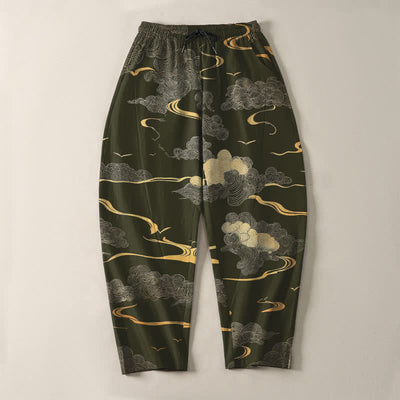 Buddha Stones Pure Cotton Golden Cloud Wave Pattern Drawstring Men's Tapered Pants With Pockets - image 9
