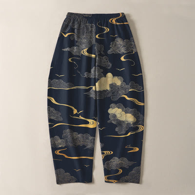 Buddha Stones Pure Cotton Golden Cloud Wave Pattern Drawstring Men's Tapered Pants With Pockets - image 14