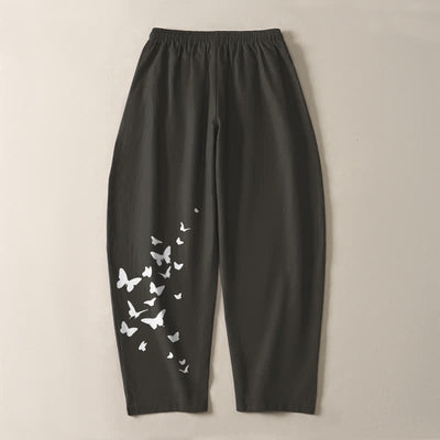 Buddha Stones Pure Cotton White Butterfly Cluster Pattern Drawstring Men's Tapered Pants With Pockets - image 3