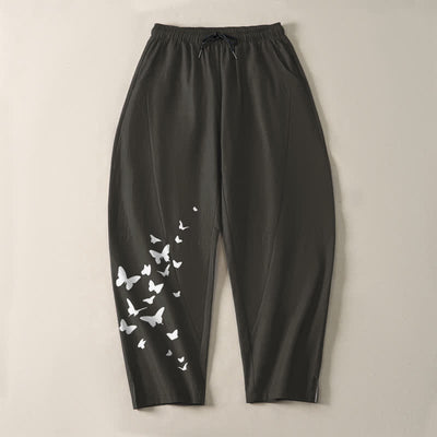 Buddha Stones Pure Cotton White Butterfly Cluster Pattern Drawstring Men's Tapered Pants With Pockets - image 2