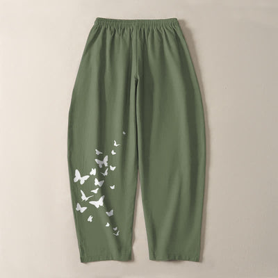 Buddha Stones Pure Cotton White Butterfly Cluster Pattern Drawstring Men's Tapered Pants With Pockets - image 10